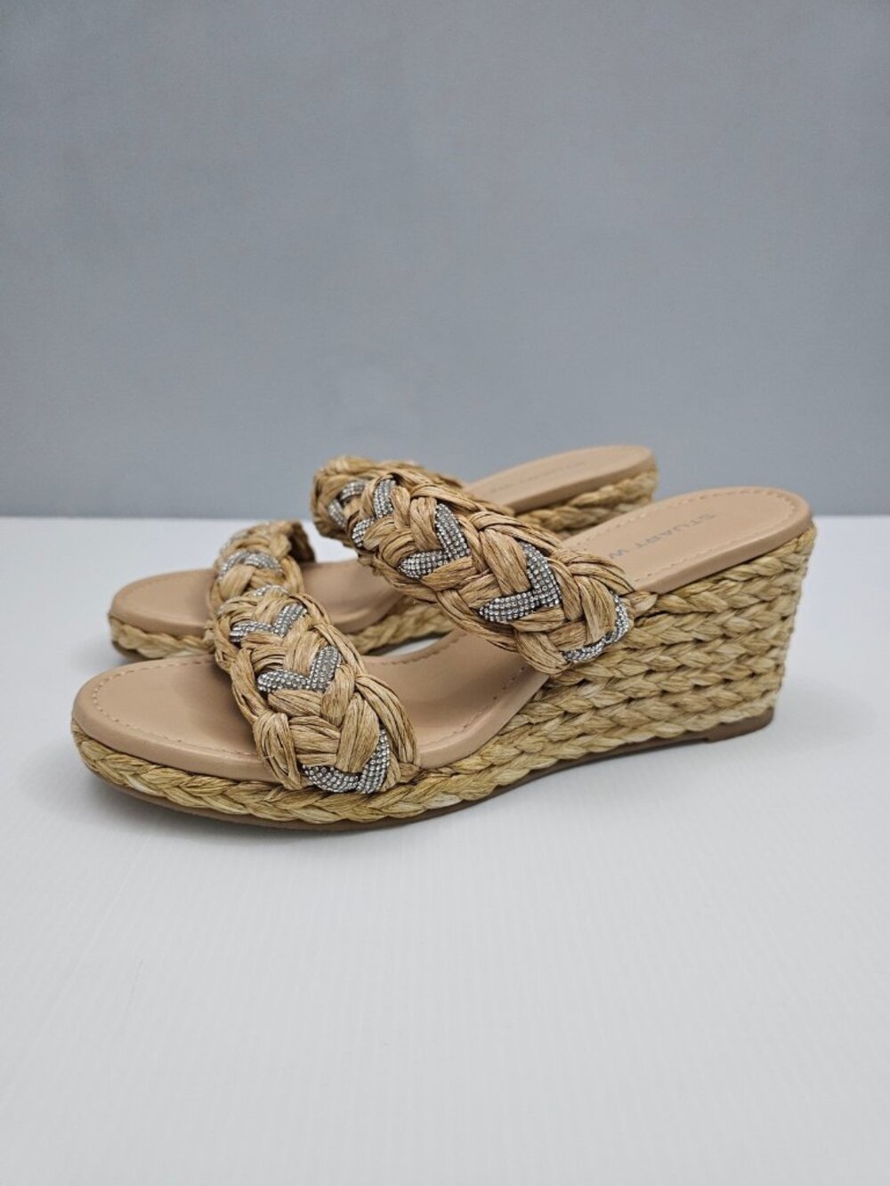 Stuart Weitzman Lana Espadrille Wedge Sandals Womens 9 Natural Rhinestone Slides